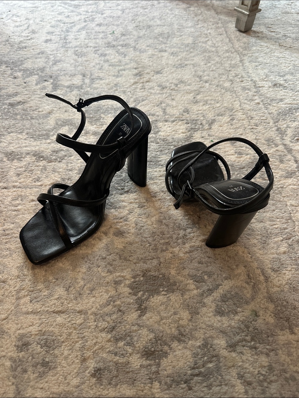 Zara Black Square-Toe Strappy Block Heels size 37 or 7